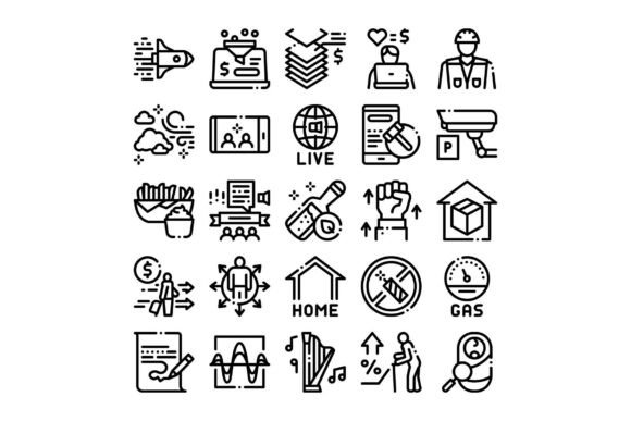 Black and White Line Icons for Business, Tech, and Lifestyle Concepts
